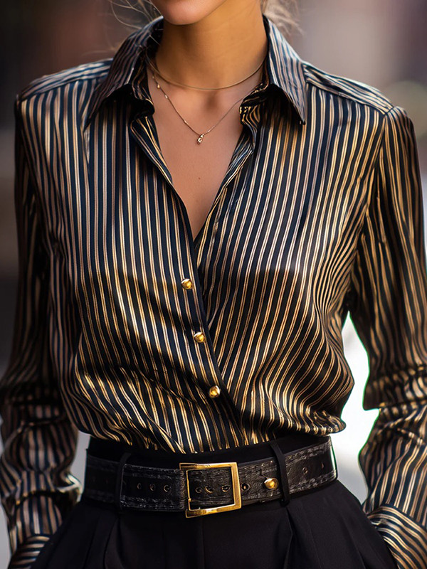 Striped Contrast Color Buttoned Loose Long Sleeves Lapel Blouses&Shirts Tops