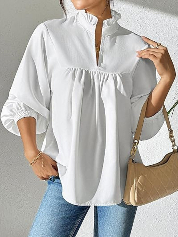 Solid Color Ruffled Pleated Seven-Quarter Sleeves Puff Sleeves Stand Collar Blouses&Shirts Tops