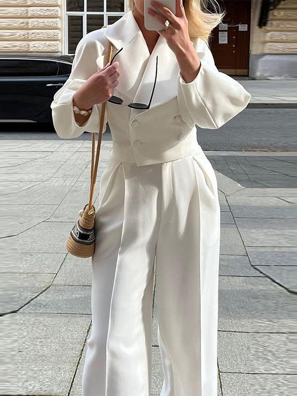 Solid Color Pleated Buttoned Wide Leg Long Sleeves Notched Collar Outwear + Pants Two Pieces Set