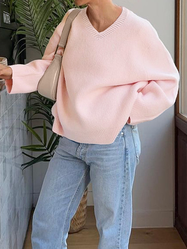 Solid Color Ribs Loose Long Sleeves V-Neck Sweater Tops