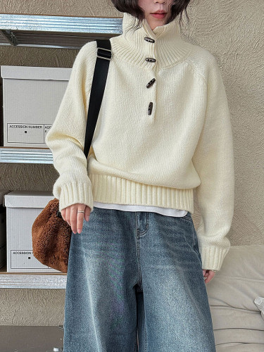 Lazy-Fit Korean Knit Sweater Coat – High Neck & Horn Button Design