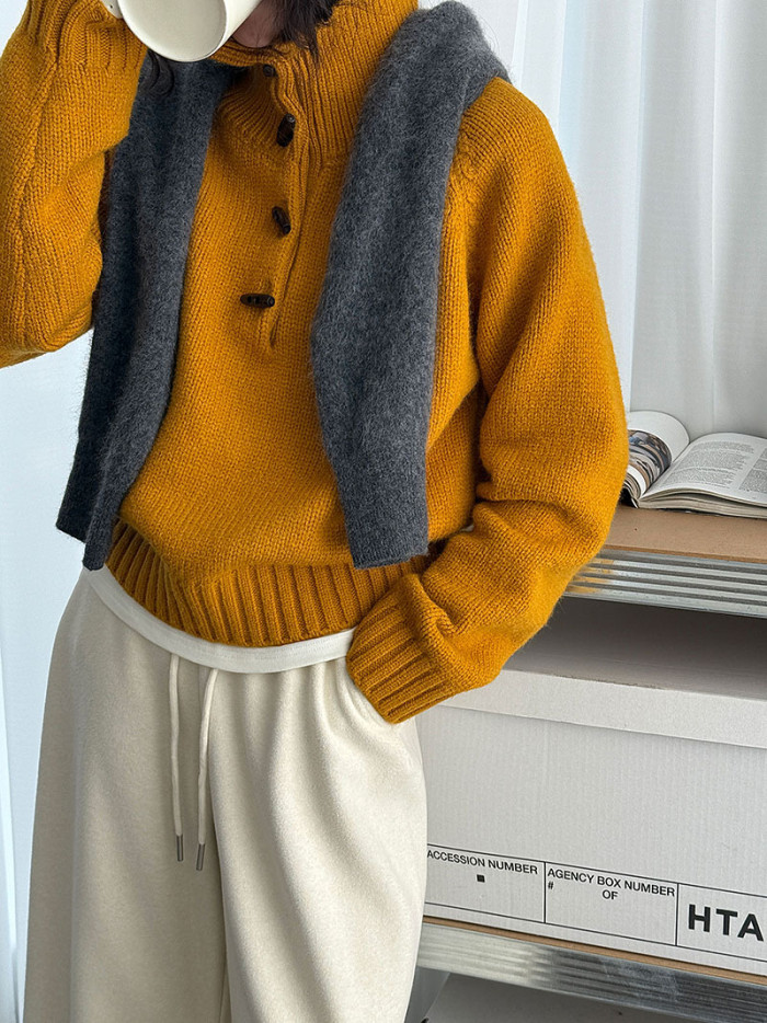 Lazy-Fit Korean Knit Sweater Coat – High Neck & Horn Button Design