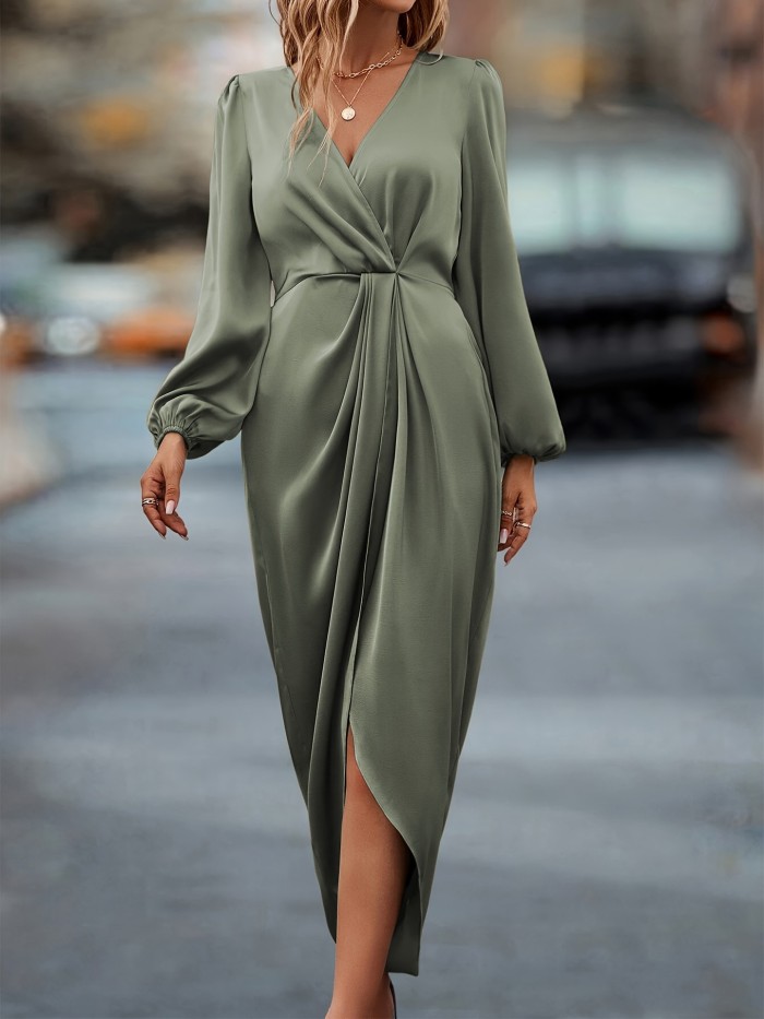 Woman Long Sleeve V Neck Satin Wrap Dress Twist Front Irregular Hem Ideal for Evening Parties and Date Nights