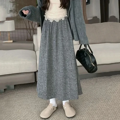 Autumn Winter Skirts Wowen New Thicken Plush A-line Solid Casual High Waisted Long Skirt Ladies Lazy Style Midi Skirts 2025