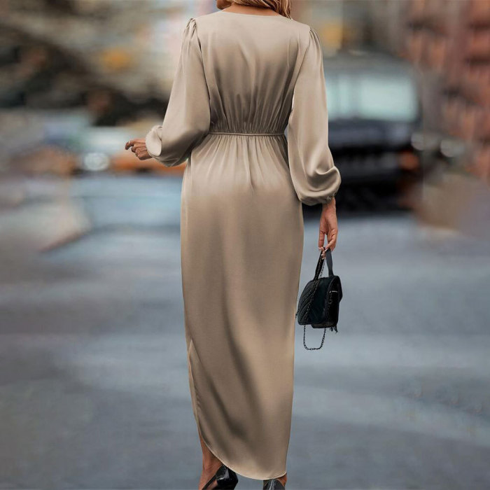 Woman Long Sleeve V Neck Satin Wrap Dress Twist Front Irregular Hem Ideal for Evening Parties and Date Nights