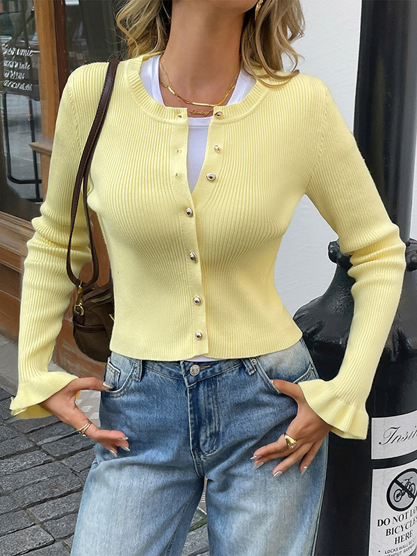 Buttoned Ribbed Knit Single-Breasted Solid Color Long Sleeves Ruffle Sleeves Collarless Outerwear Cardigan Tops