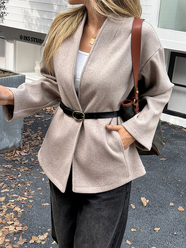 Solid Color Tied Long Sleeves Loose Collarless Outerwear Jackets&Coats