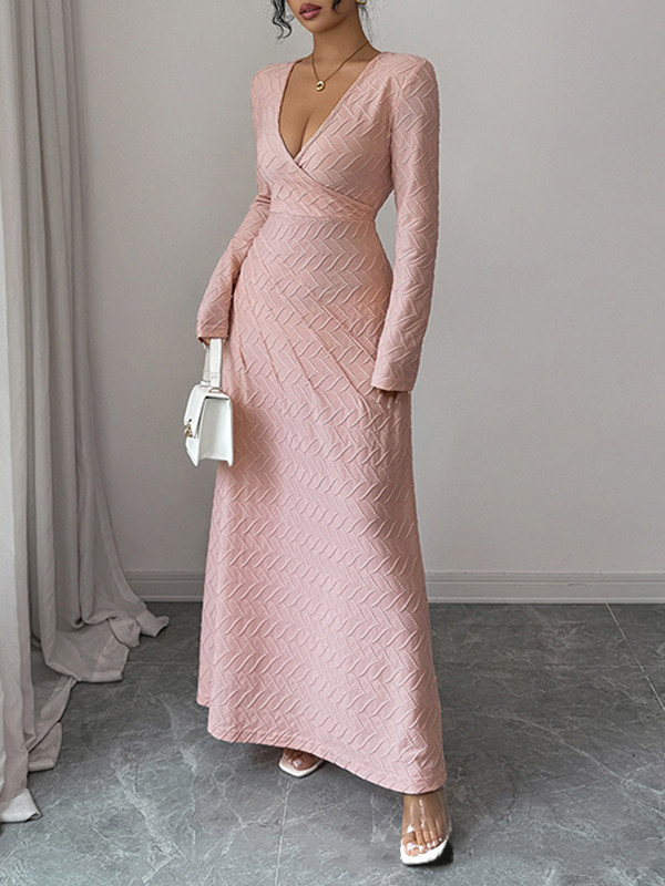 Solid Color Pleated Long Sleeves High Waisted Deep V-Neck Maxi Dresses