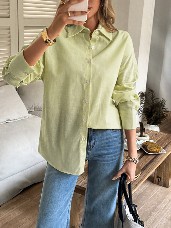 Solid Color Buttoned Loose Long Sleeves Lapel Blouses&shirts Tops
