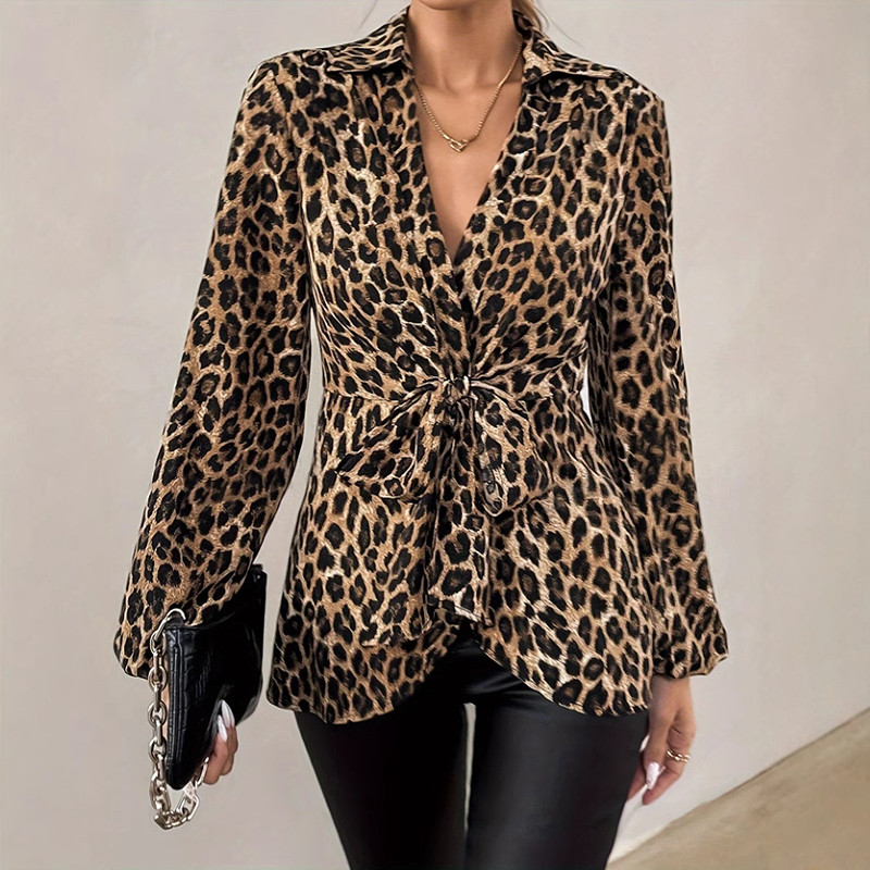 Fashion Women New Leopard Print Lapel Irt Lace-up Shirt Top Spring Casual V Neck Long Sleeved Blouses Tops Office Lady Party Top