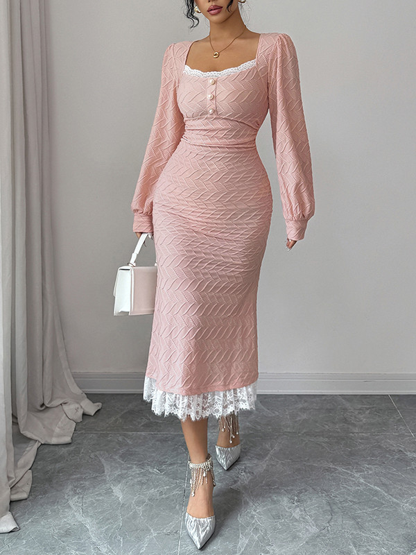 Zipper Split-Joint Solid Color Pleated Lacy Long Sleeves High Waisted Square-Neck Midi Dresses