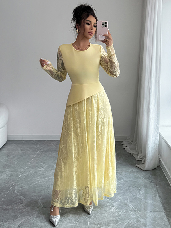 Split-Joint Solid Color See-Through Layered Flower Print Asymmetric Long Sleeves Irregularity Round-Neck Maxi Dresses