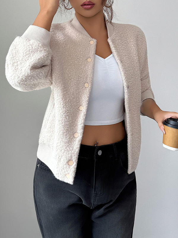 Solid Color Pockets Elasticity Buttoned Long Sleeves Collarless Jackets&Coats