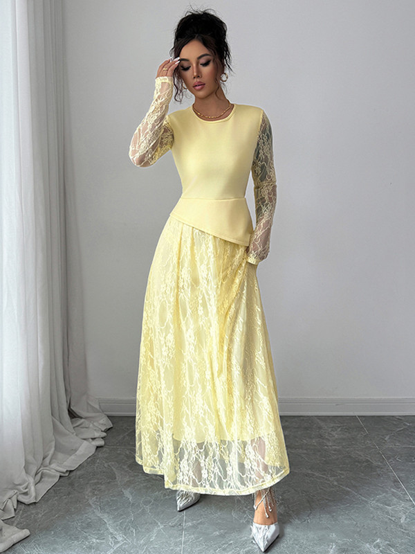 Split-Joint Solid Color See-Through Layered Flower Print Asymmetric Long Sleeves Irregularity Round-Neck Maxi Dresses
