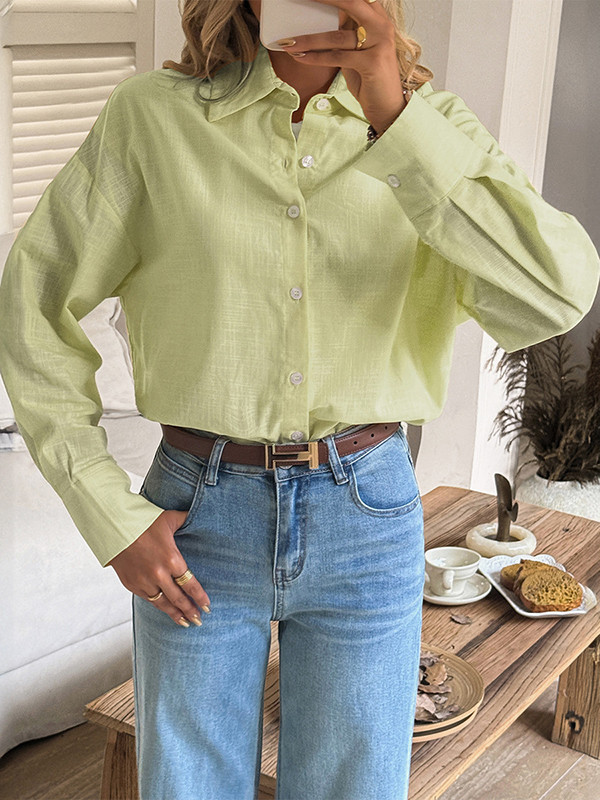 Solid Color Buttoned Loose Long Sleeves Lapel Blouses&shirts Tops