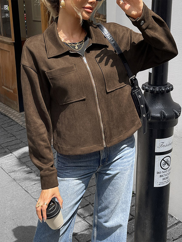 Zipper Solid Color Pockets Loose Long Sleeves Lapel Outerwear Jackets