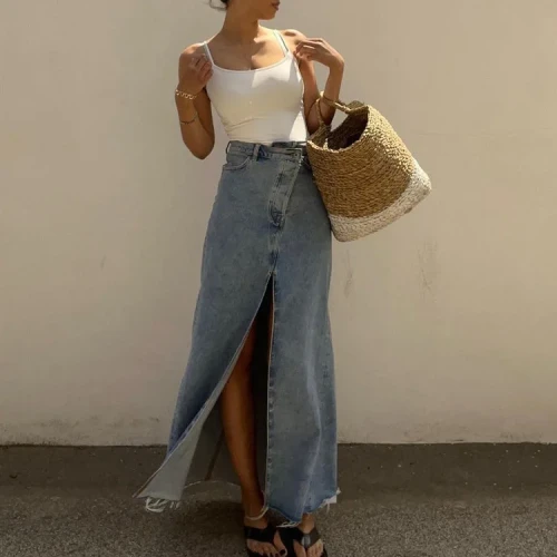 Long Skirt Women Vintage Denim Split Hip Skirts High Waist Button Stretch Washed Distressed A Line Female 2025 Streetwear