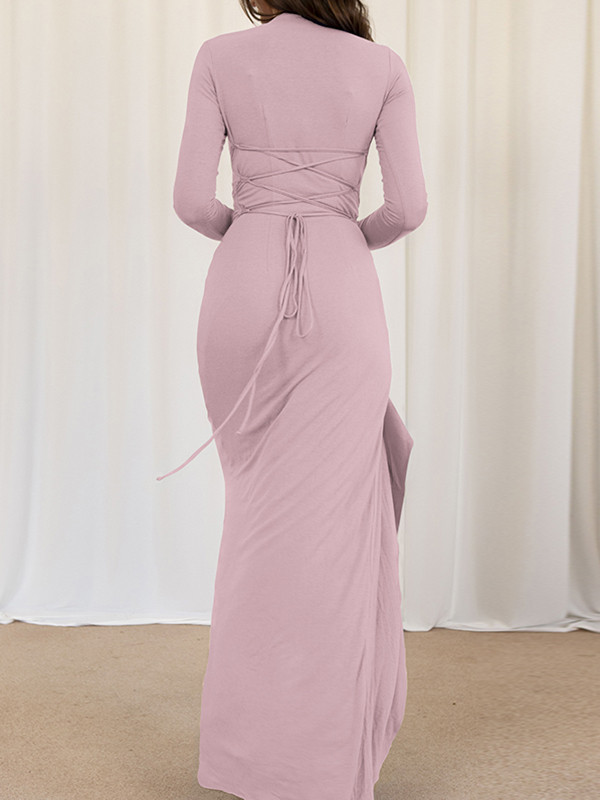 Split-Joint Solid Color Ruffled Pleated Asymmetric Long Sleeves Irregularity Round-Neck Maxi Dresses