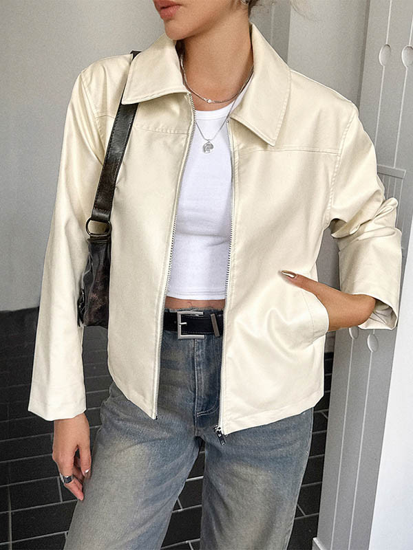 Zipper Solid Color Pockets Long Sleeves Lapel Overcoat Jackets