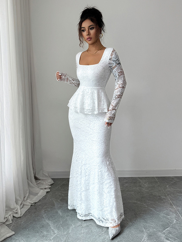 Split-Joint Solid Color See-Through Ruffled Flower Print Long Sleeves Bodycon Square-Neck Maxi Dresses