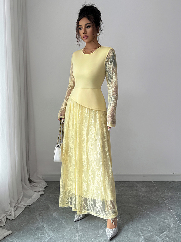 Split-Joint Solid Color See-Through Layered Flower Print Asymmetric Long Sleeves Irregularity Round-Neck Maxi Dresses