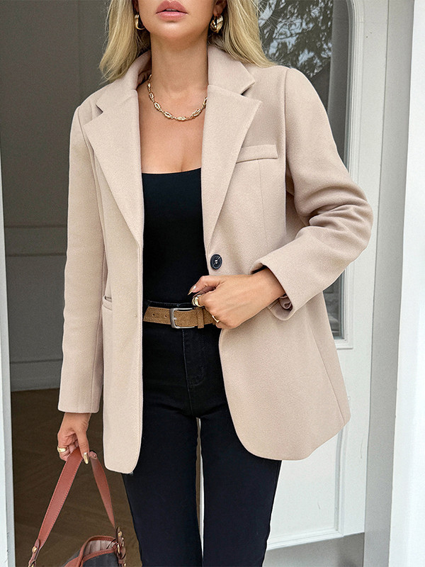 Solid Color Pockets Buttoned Long Sleeves Notched Collar Suit Outerwear
