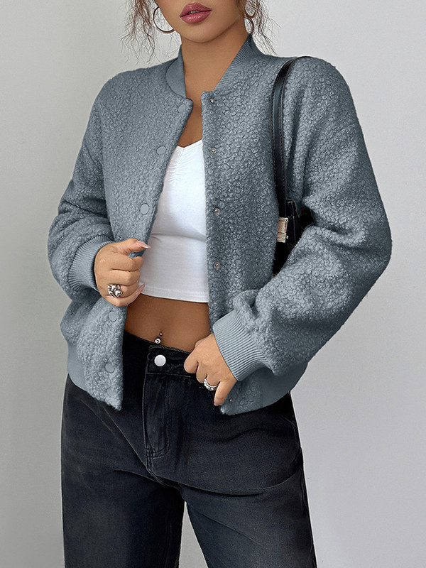 Solid Color Pockets Elasticity Buttoned Long Sleeves Collarless Jackets&Coats