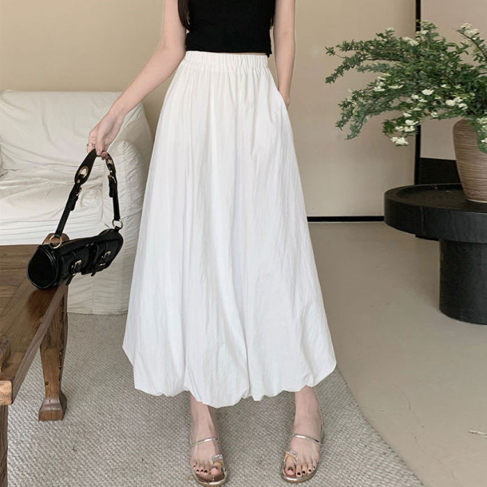 Sweet Girl's Puffy Flower Bud Skirt Solid Color Versatile A-line Skirt High-waisted Slim Lantern Long Skirt