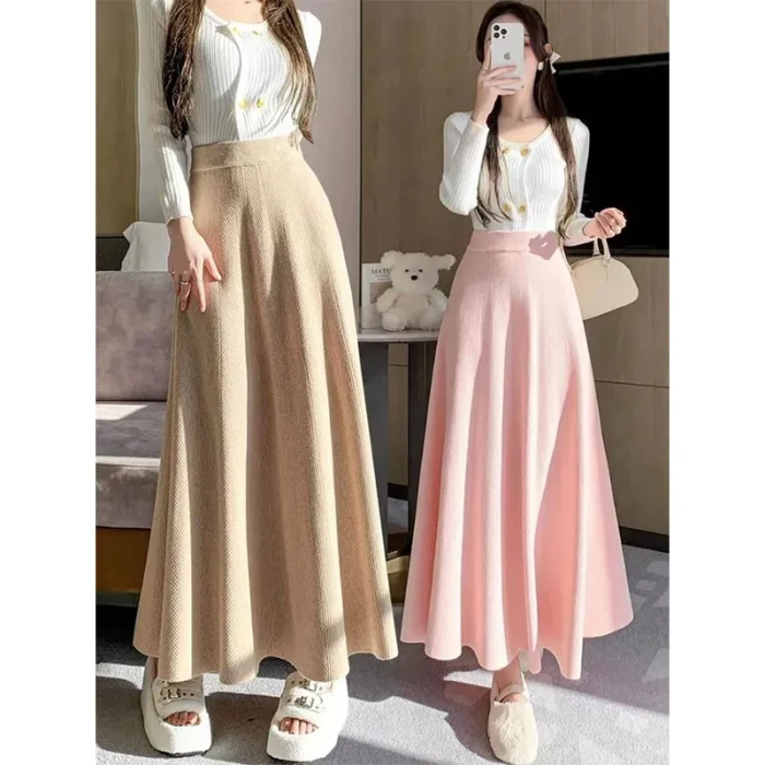 Autumn Winter French New Elastic Solid Color Knitted Skirt A Word and Naked Elastic Waist All-match High Waist Skirts