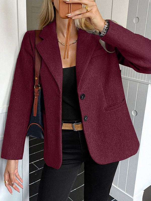 Solid Color Pockets Buttoned Long Sleeves Notched Collar Suit Outerwear