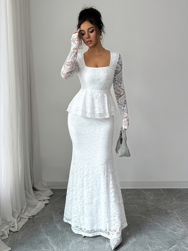 Split-Joint Solid Color See-Through Ruffled Flower Print Long Sleeves Bodycon Square-Neck Maxi Dresses