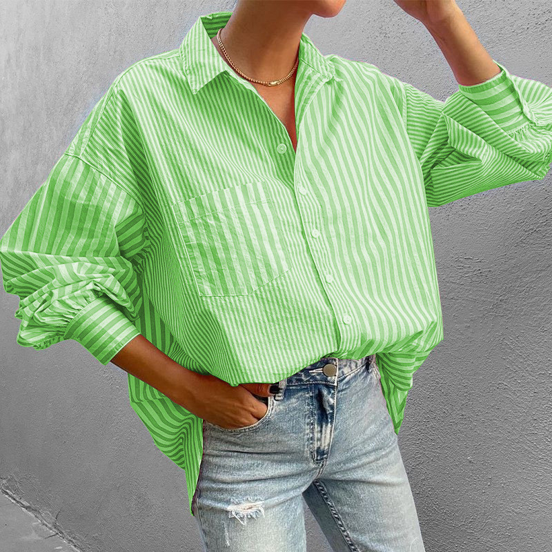 New Women's Lapel Single Breasted Shirt Long Sleeve Striped Pocket Button Yellow Casual Loose Top Street Office Pink Blouses