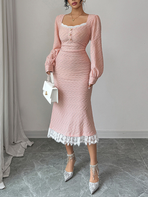 Zipper Split-Joint Solid Color Pleated Lacy Long Sleeves High Waisted Square-Neck Midi Dresses