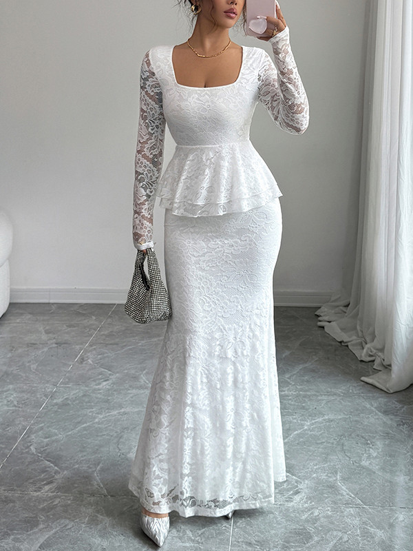 Split-Joint Solid Color See-Through Ruffled Flower Print Long Sleeves Bodycon Square-Neck Maxi Dresses