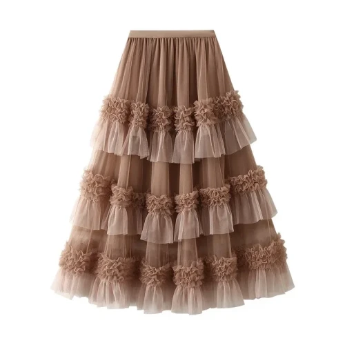 Autumn and Winter New Color Fashionable Dress for Women Big Swing Yarn Skirt Sweet Lace Pleated Edge Dancing Skirt
