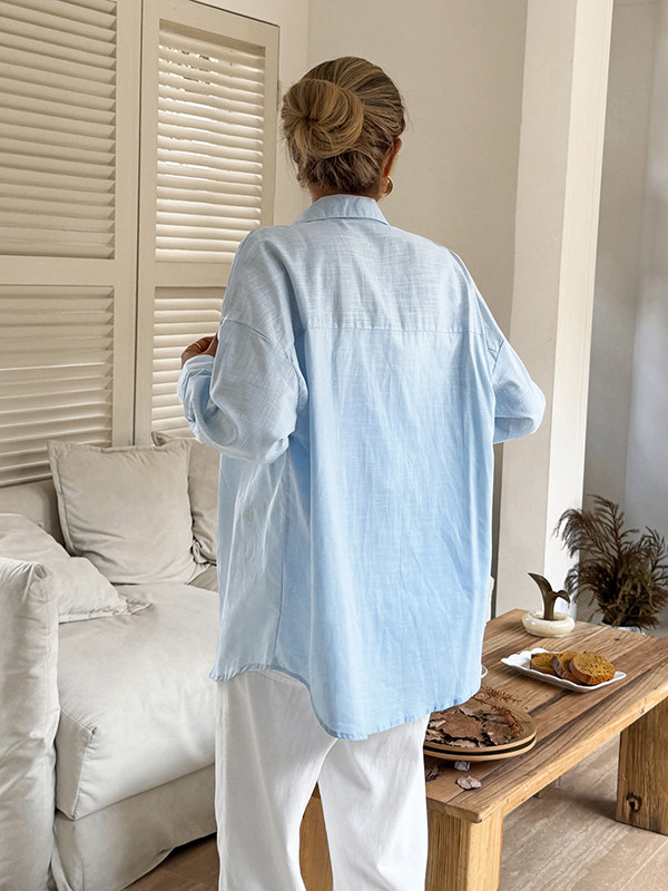 Solid Color Buttoned Loose Long Sleeves Lapel Blouses&shirts Tops
