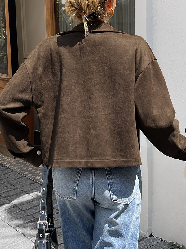 Zipper Solid Color Pockets Loose Long Sleeves Lapel Outerwear Jackets