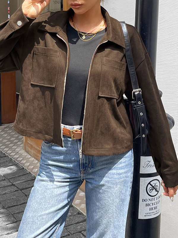 Zipper Solid Color Pockets Loose Long Sleeves Lapel Outerwear Jackets