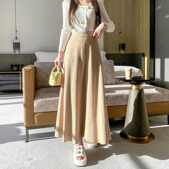 Autumn Winter French New Elastic Solid Color Knitted Skirt A Word and Naked Elastic Waist All-match High Waist Skirts