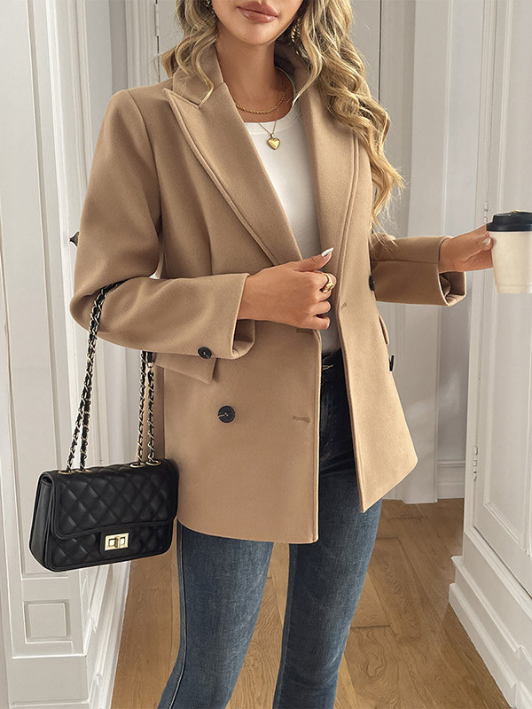 Solid Color Double-Breasted Buttoned Loose Long Sleeves Notched Collar Outerwear Jackets&Coats Blazer