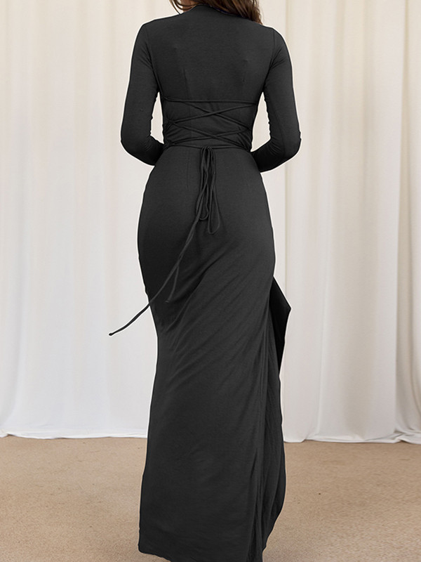 Split-Joint Solid Color Ruffled Pleated Asymmetric Long Sleeves Irregularity Round-Neck Maxi Dresses