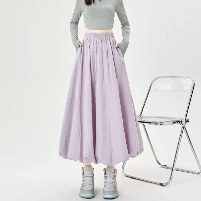 Sweet Girl's Puffy Flower Bud Skirt Solid Color Versatile A-line Skirt High-waisted Slim Lantern Long Skirt