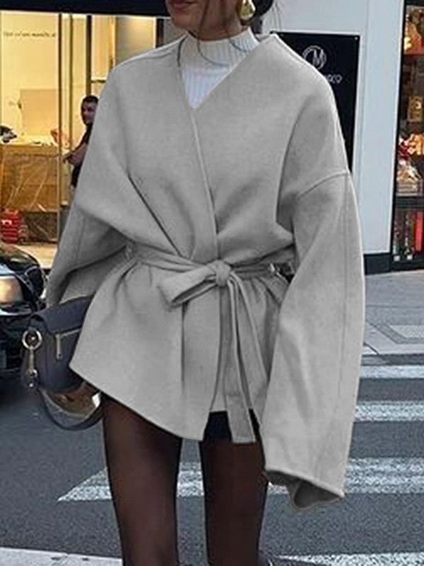 Tied Waist Solid Color Loose Long Sleeves V-Neck Outerwear