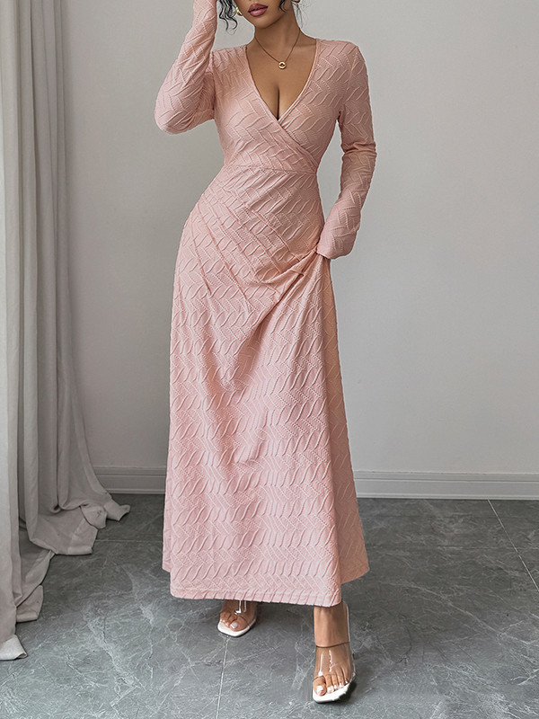 Solid Color Pleated Long Sleeves High Waisted Deep V-Neck Maxi Dresses