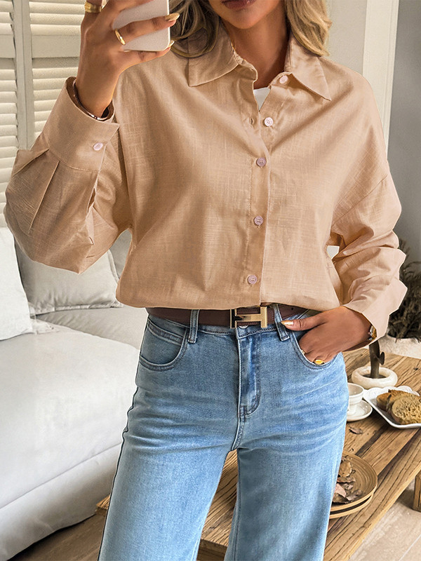 Solid Color Buttoned Loose Long Sleeves Lapel Blouses&shirts Tops