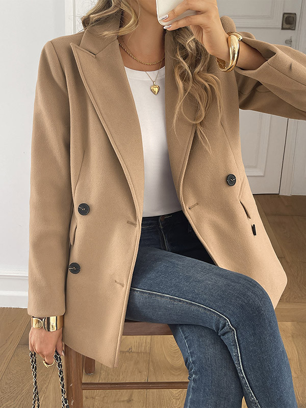 Solid Color Double-Breasted Buttoned Loose Long Sleeves Notched Collar Outerwear Jackets&Coats Blazer