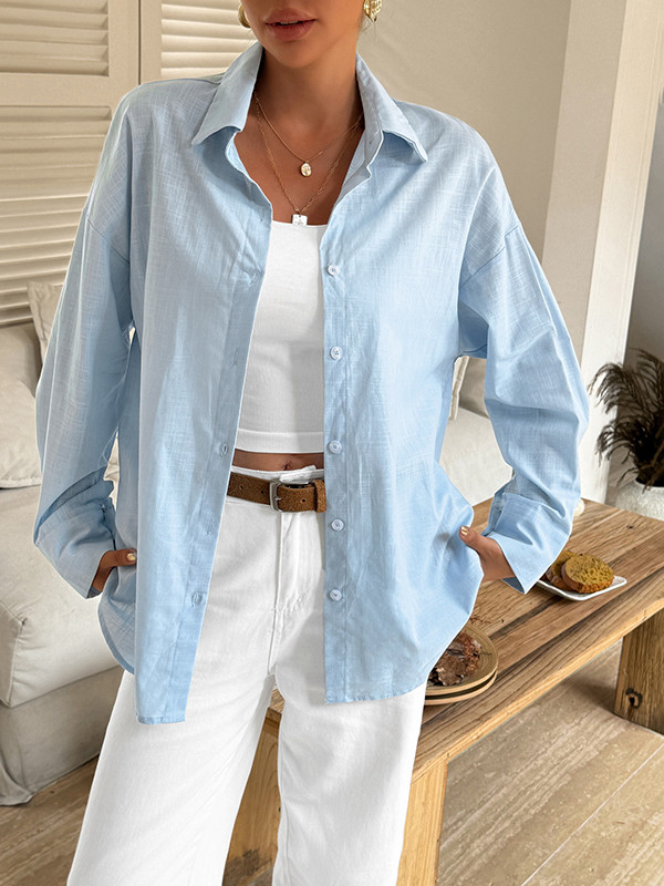 Solid Color Buttoned Loose Long Sleeves Lapel Blouses&shirts Tops