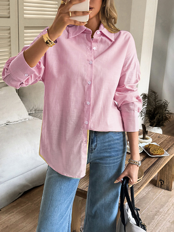 Solid Color Buttoned Loose Long Sleeves Lapel Blouses&shirts Tops