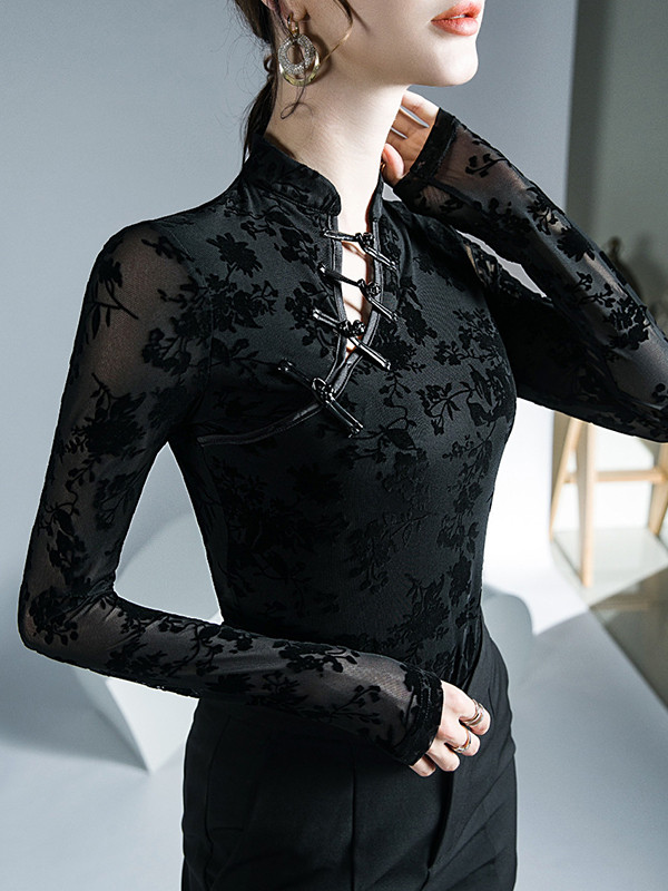 Mesh Flower Print Buttoned Skinny Long Sleeves Mock Neck Shirts Tops