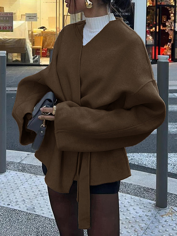 Tied Waist Solid Color Loose Long Sleeves V-Neck Outerwear